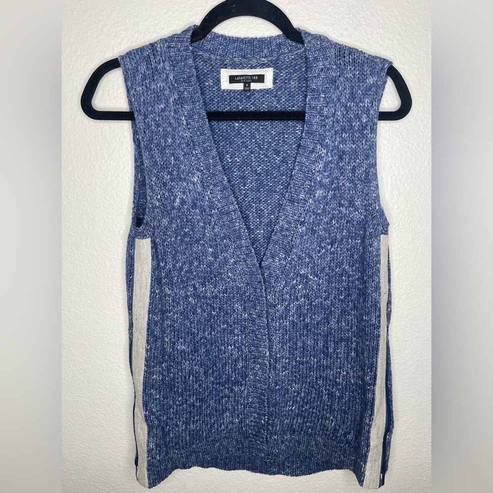 Lafayette 148 knit top cotton blue side stripe sleeveless vest zipper p